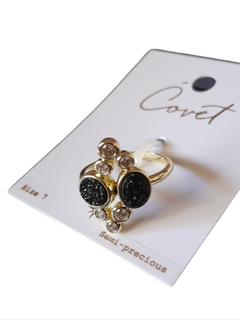 Covet Black Druzy Quartz Gold Cluster Statement Cocktail Ring Raw Mineral Size 7